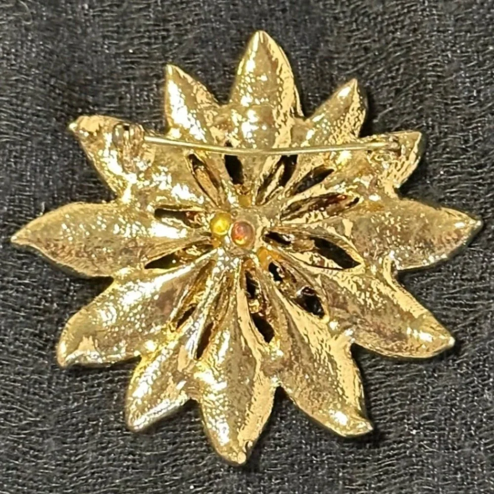 Vintage Poinsettia Brooch Red Glitter Enamel Rhinestone‎ Christmas Pin